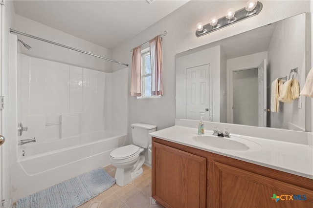 full bathroom featuring tile patterned flooring, vanity, toilet, and washtub / shower combination