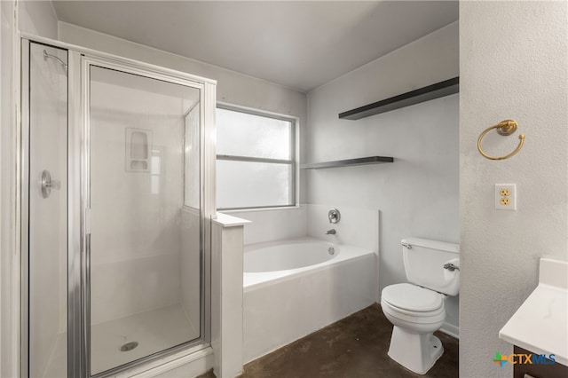 full bathroom with plus walk in shower, vanity, and toilet