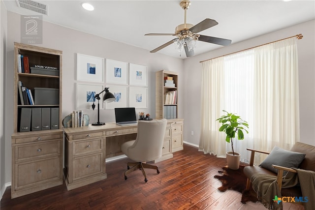 210 Mancos Dr, Georgetown, TX 78626 - office area featuring ceiling fan and dark wood-style floors