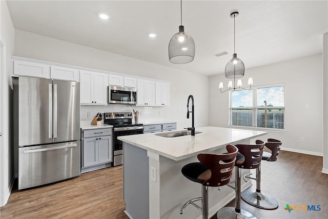 kitchen with a center island with sink, white cabinets, hanging light fixtures, sink, and appliances with stainless steel finishes