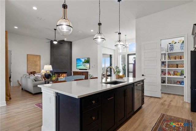 kitchen featuring light wood-style flooring, a fireplace, a sink, light countertops, and stainless steel dishwasher