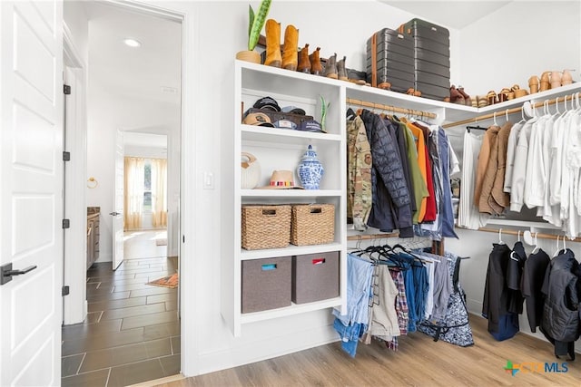 walk in closet with wood finished floors