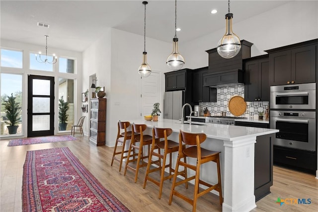 kitchen with visible vents, an island with sink, a sink, stainless steel appliances, and light countertops