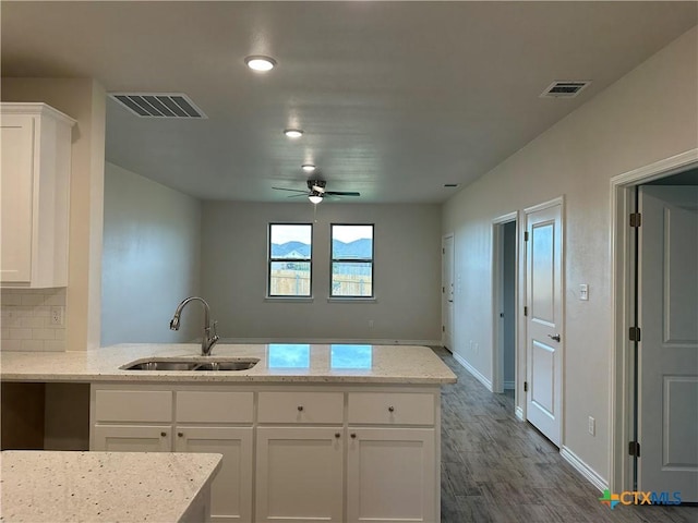 5100 Rose Petal Ct, Killeen, TX 76542 - kitchen with ceiling fan, white cabinets, dark wood finished floors, a peninsula, and recessed lighting