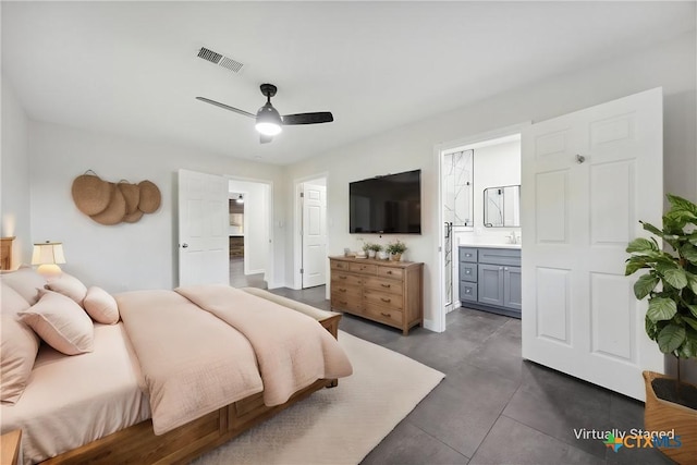 bedroom with connected bathroom and ceiling fan