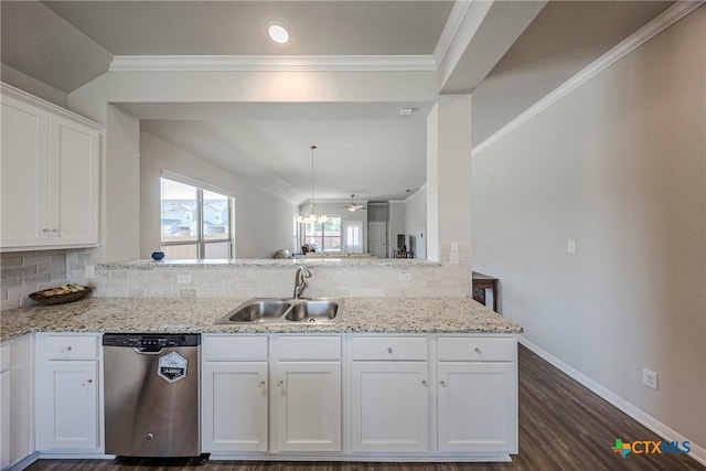7624 Copper Creek Trl, Temple, TX 76502 - kitchen featuring stainless steel dishwasher, a sink, white cabinets, backsplash, and light stone counters