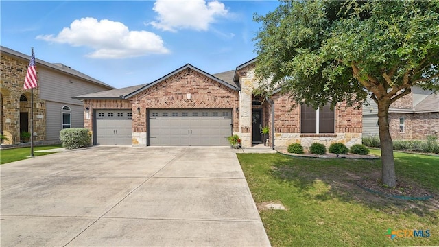 315 Lillianite, New Braunfels, TX 78130 - view of front facade with brick siding, a garage, driveway, a front lawn, and stone siding