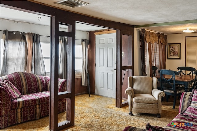 sitting room with a textured ceiling, wood walls, and carpet flooring