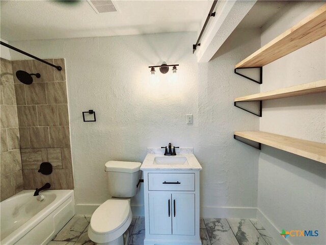 full bath featuring marble finish floor, baseboards, visible vents, and toilet