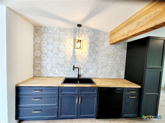 kitchen with a sink, butcher block counters, black dishwasher, decorative light fixtures, and decorative backsplash