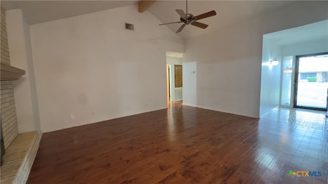 unfurnished living room with visible vents, ceiling fan, dark wood-type flooring, beamed ceiling, and high vaulted ceiling