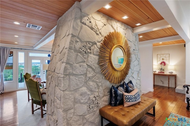 209 Full Moon, Horseshoe Bay, TX 78657 - living room with wood ceiling with exposed beams, hardwood / wood-style flooring, and baseboards