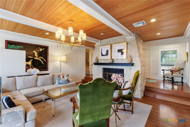 209 Full Moon, Horseshoe Bay, TX 78657 - living area with wood ceiling with exposed beams, hardwood / wood-style flooring, baseboards, a fireplace, and a chandelier