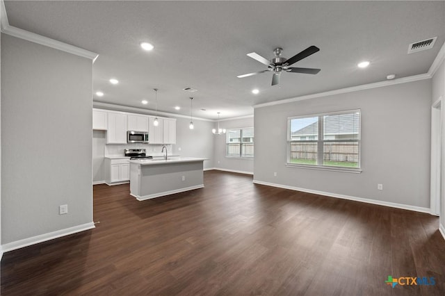 618 Seven Springs Dr, Temple, TX 76502 - unfurnished living room with baseboards, ornamental molding, dark wood-style floors, a ceiling fan, and visible vents
