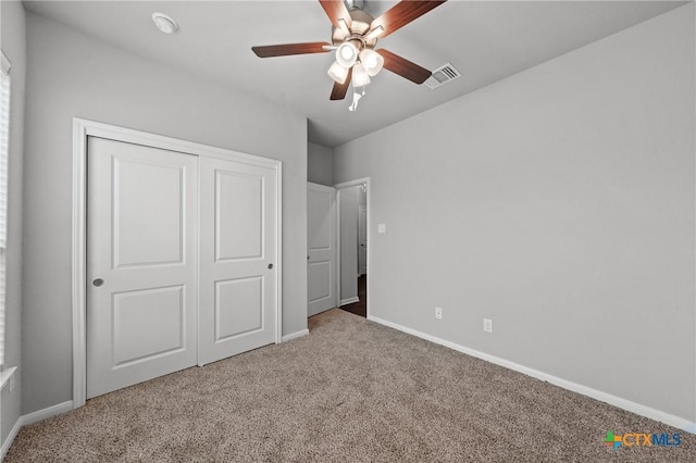 618 Seven Springs Dr, Temple, TX 76502 - unfurnished bedroom with visible vents, baseboards, a closet, a ceiling fan, and carpet flooring
