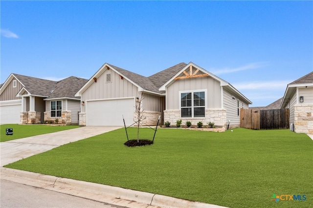 618 Seven Springs Dr, Temple, TX 76502 - craftsman house with concrete driveway, board and batten siding, stone siding, a front lawn, and a garage