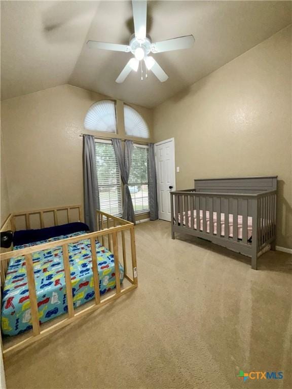 2005 Stonehenge Dr, Harker Heights, TX 76548 - carpeted bedroom featuring vaulted ceiling, a ceiling fan, and a nursery area