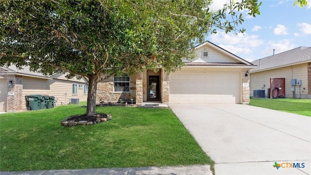 234 Wild Plum, San Marcos, TX 78666 - single story home featuring stone siding, a garage, a front yard, and driveway