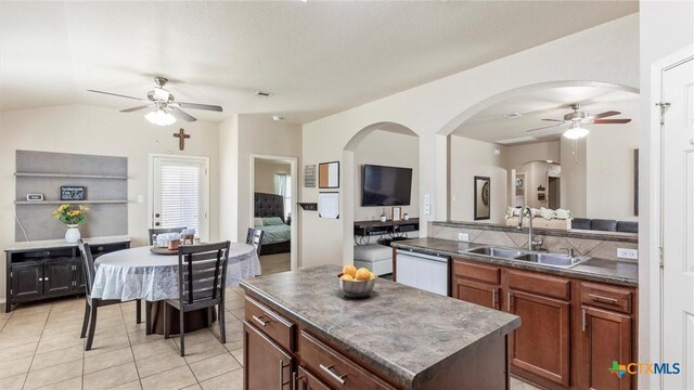 234 Wild Plum, San Marcos, TX 78666 - kitchen with ceiling fan, a sink, dishwasher, dark countertops, and vaulted ceiling