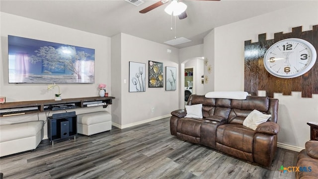 234 Wild Plum, San Marcos, TX 78666 - living room featuring a ceiling fan, wood finished floors, arched walkways, and baseboards