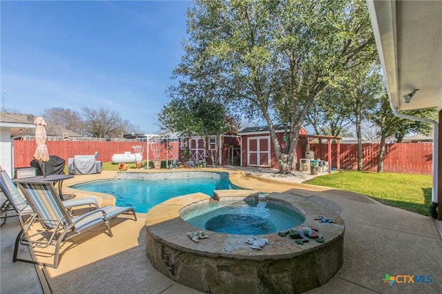 view of swimming pool featuring a storage unit, a patio, an in ground hot tub, and a lawn