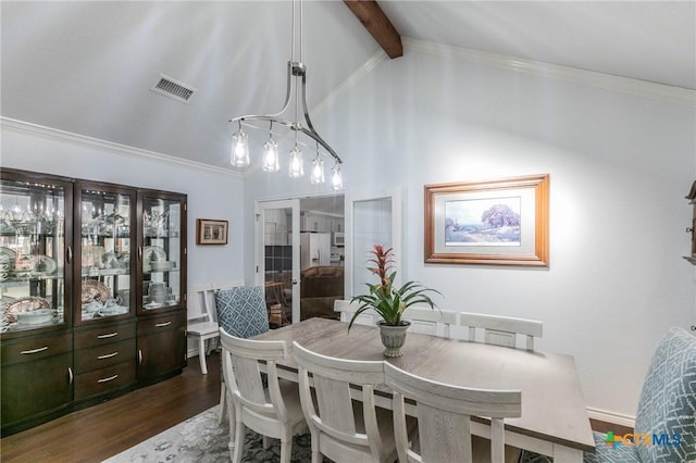 dining space featuring high vaulted ceiling, crown molding, dark hardwood / wood-style floors, and beam ceiling
