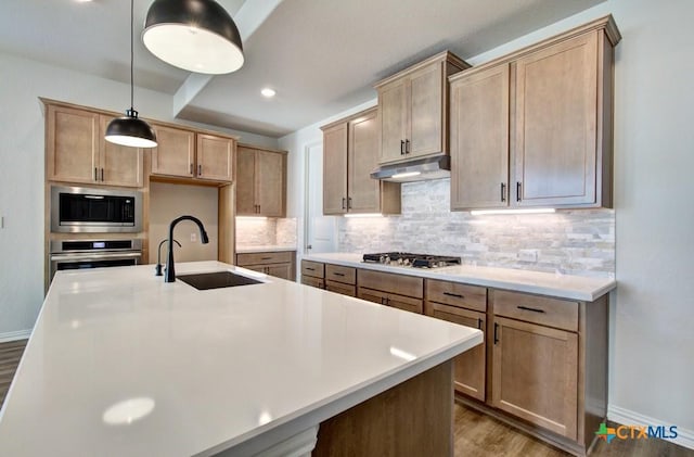 kitchen with sink, tasteful backsplash, hardwood / wood-style flooring, appliances with stainless steel finishes, and pendant lighting