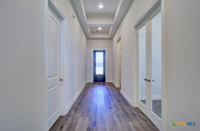 doorway featuring a raised ceiling and light hardwood / wood-style flooring