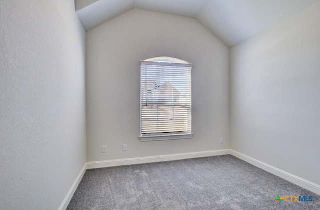 carpeted empty room featuring lofted ceiling