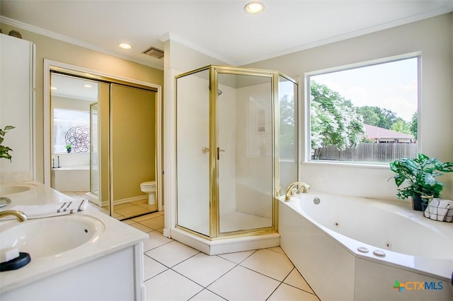 4113 Fm 1670, Belton, TX 76513 - bathroom with a jetted tub, a shower stall, healthy amount of natural light, ornamental molding, and recessed lighting