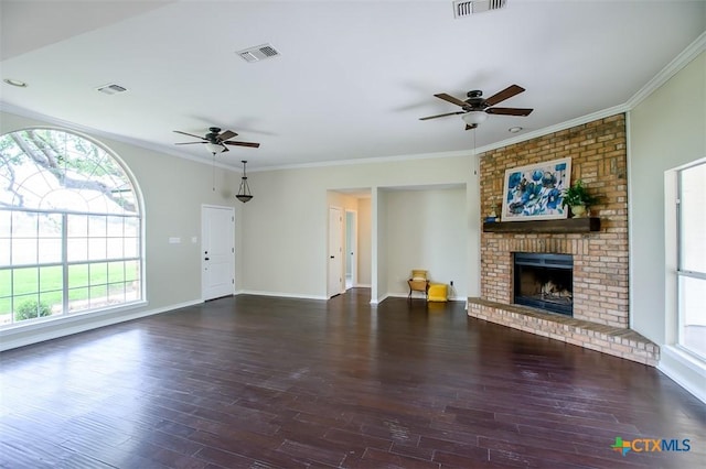 4113 Fm 1670, Belton, TX 76513 - unfurnished living room with ceiling fan, healthy amount of natural light, hardwood / wood-style floors, a fireplace, and crown molding