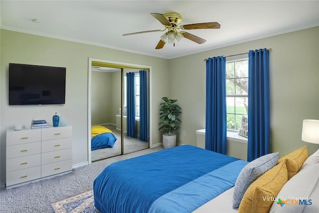 4113 Fm 1670, Belton, TX 76513 - bedroom featuring light colored carpet, a closet, crown molding, and a ceiling fan