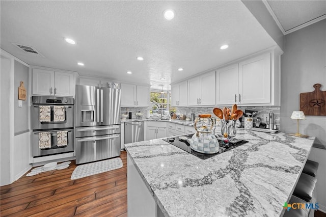 2203 Antelope Trl, Harker Heights, TX 76548 - kitchen featuring stainless steel appliances, a peninsula, dark wood-style floors, light stone countertops, and recessed lighting
