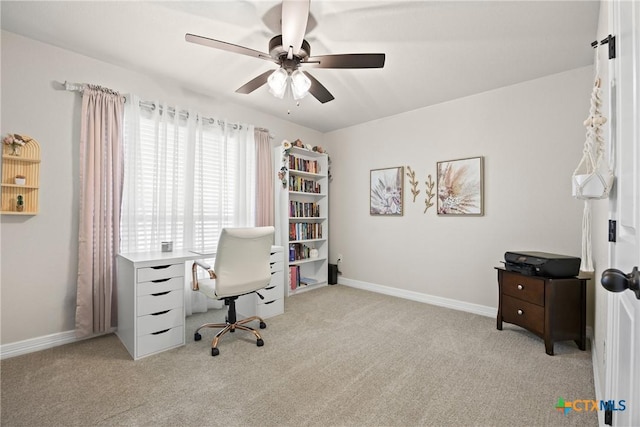 2416 Macdougal St, Nolanville, TX 76559 - home office featuring light colored carpet, a ceiling fan, and baseboards