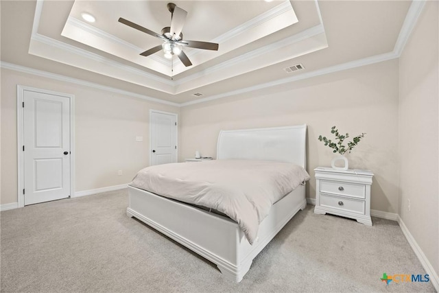 2416 Macdougal St, Nolanville, TX 76559 - bedroom with a raised ceiling, ornamental molding, light carpet, baseboards, and ceiling fan