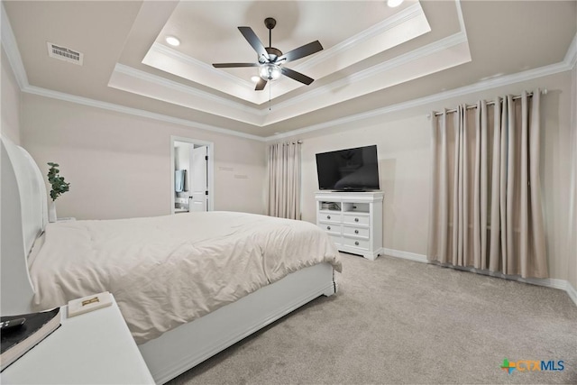2416 Macdougal St, Nolanville, TX 76559 - bedroom with a tray ceiling, crown molding, light colored carpet, recessed lighting, and a ceiling fan
