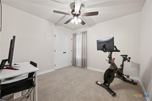 2416 Macdougal St, Nolanville, TX 76559 - workout room featuring light colored carpet, a ceiling fan, and baseboards