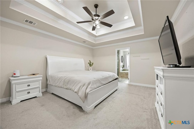 2416 Macdougal St, Nolanville, TX 76559 - bedroom with ornamental molding, light colored carpet, a raised ceiling, baseboards, and connected bathroom
