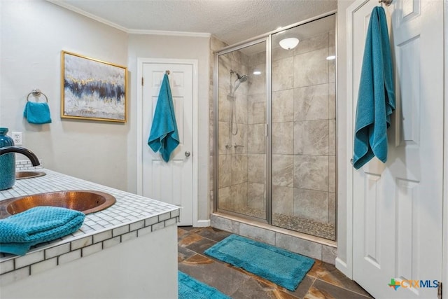 15 Willow Ct, Belton, TX 76513 - bathroom with a stall shower, stone tile floors, ornamental molding, a textured ceiling, and vanity