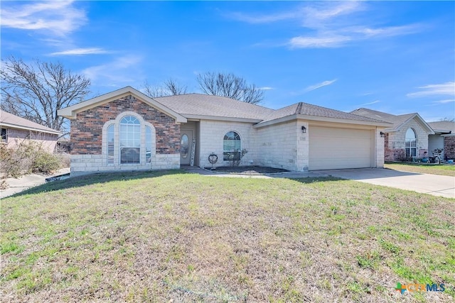 ranch-style home featuring a front yard, driveway, a shingled roof, a garage, and brick siding