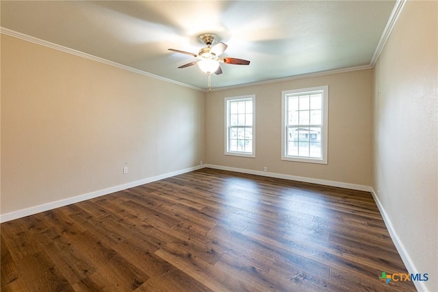 empty room with ceiling fan, ornamental molding, and dark hardwood / wood-style floors