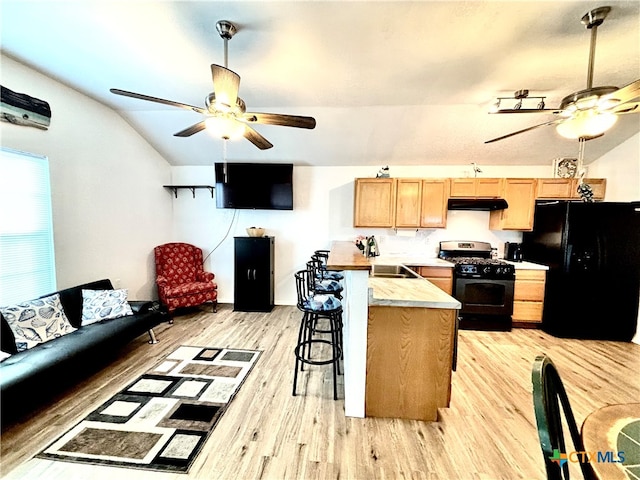 kitchen with light hardwood / wood-style floors, sink, black appliances, and vaulted ceiling