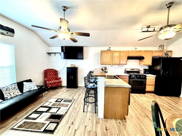 101 N 13th St, Seadrift, TX 77983 - kitchen with gas stove, freestanding refrigerator, a ceiling fan, under cabinet range hood, and lofted ceiling