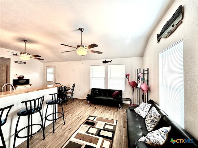 living room featuring light hardwood / wood-style floors, ceiling fan, and vaulted ceiling