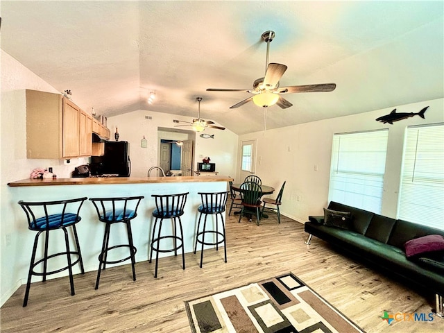 kitchen featuring a kitchen breakfast bar, light hardwood / wood-style flooring, light brown cabinetry, and vaulted ceiling