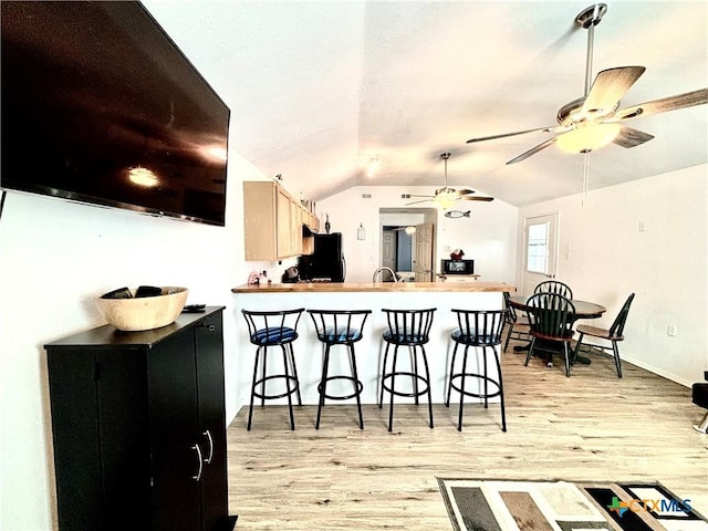 101 N 13th St, Seadrift, TX 77983 - kitchen featuring light wood-style flooring, freestanding refrigerator, lofted ceiling, ceiling fan, and a peninsula