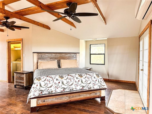 bedroom featuring hardwood / wood-style floors, lofted ceiling with beams, a wall mounted AC, washing machine and clothes dryer, and ceiling fan