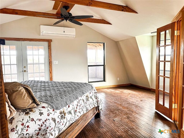 bedroom featuring hardwood / wood-style floors, a wall mounted air conditioner, lofted ceiling with beams, ceiling fan, and french doors