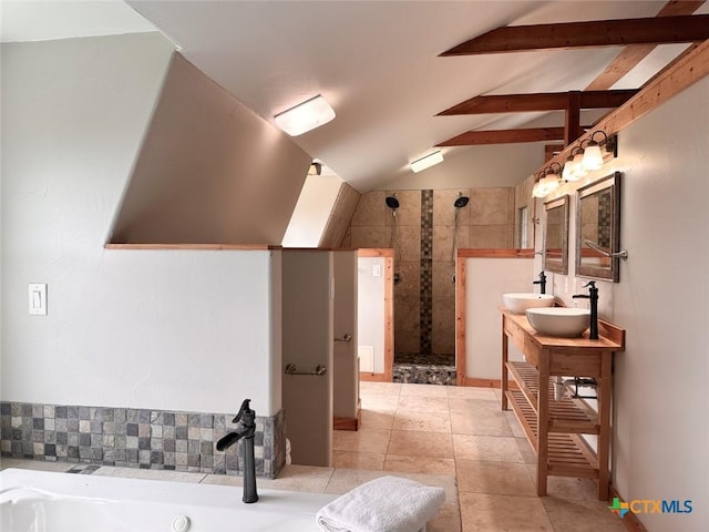 bathroom featuring vanity, shower with separate bathtub, tile patterned flooring, and vaulted ceiling with beams