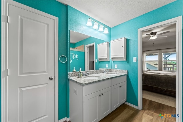 31682 Nimbus Dr, Bulverde, TX 78163 - full bath featuring a textured wall, wood finished floors, double vanity, connected bathroom, and a textured ceiling